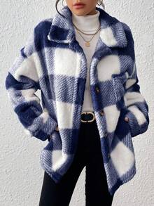 INAWLY 大码格子印花纽扣前长袖夹克，秋冬 - 寶藍色 - 查看 4