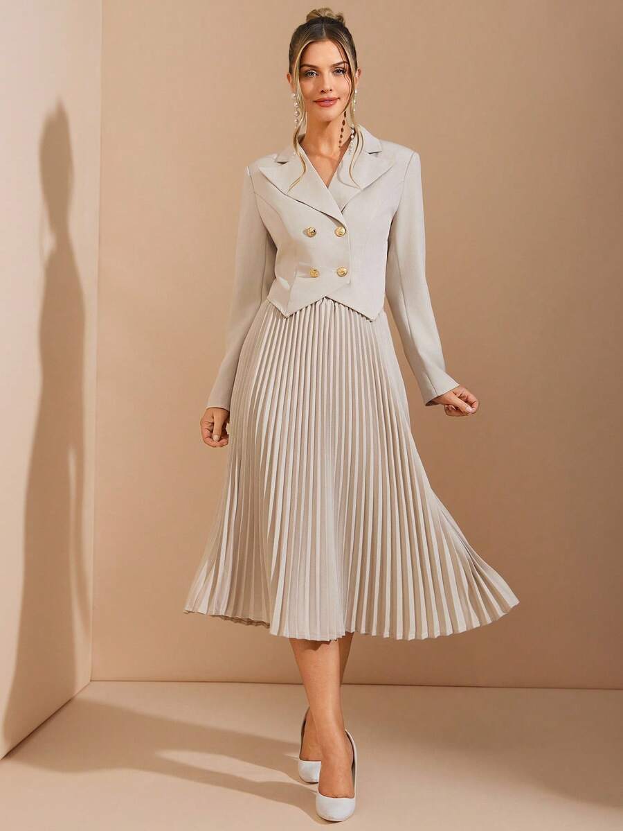 Amorya Women's Elegant Belted Double-Breasted Jacket And Pleated Skirt 2 Pieces Set, Suitable For Daily Commute And Multiple Occasions Autumn Clothes