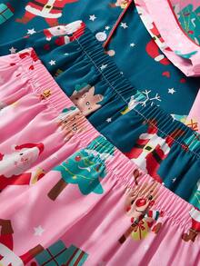 SHEIN 2sets Sisters Outfit  Christmas Themed Printed Faux Silk Lapel Short Sleeve Pajama Set For Women - Multicolor - View 5