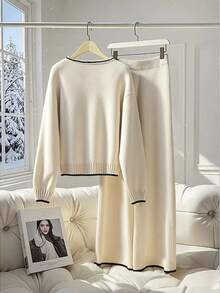 Franclia Set de 2 piezas: Sudadera casual de felpa de cuello redondo y ajuste holgado de unicolor y pantalones de cintura elástica