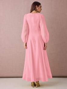 Enchnt 女士纯色圆领灯笼袖褶皱设计优雅连衣裙 - 粉色 - 查看 7