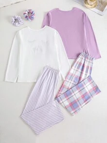 4 件套女童纯紫色上衣 + 格子裤套装，白色上衣带英文字母和睫毛印花 + 格子裤 + 发圈