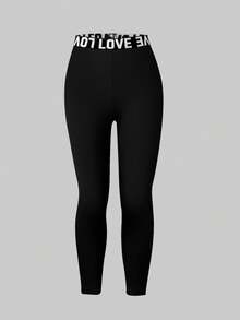 3pcs Girls Text Waistband Black Cool & Comfortable Sports Leggings Fall Winter