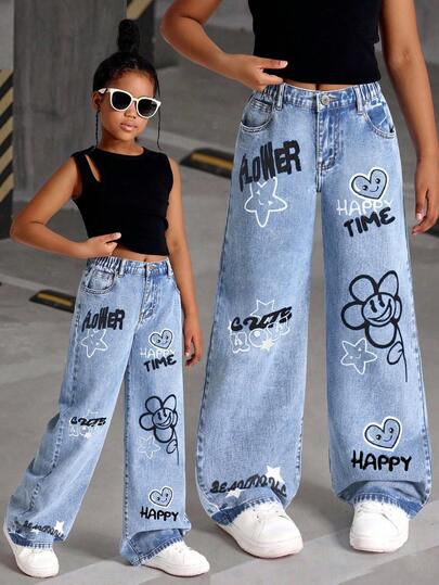 SHEIN Sparklyn Tween Girls Y2K 风格牛仔裤，新品上市，百搭百搭休闲宽松直筒牛仔裤，时尚涂鸦印花，适合所有季节，可搭配连帽衫、秋冬夹克