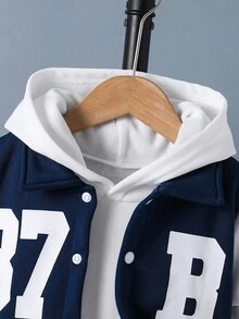 SHEIN 1pc Young Boys' Casual Jacket, Minimalist Collar Design, White Sleeve Contrast With Blue Body, Letter Graphic Print, Ribbed Cuffs And Hem, Suitable For Daily Wear, Sports, School, Travel, Versatile With Various Pants