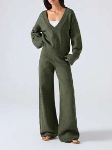 SHEIN EZwear طقم كنزة صوفية وبنطلون بتصميم فضفاض بياقة على شكل حرف V عميقة، لون أحادي، أكمام طويلة، مقاسات كبيرة - أخضر عسكري - مشاهدة 6