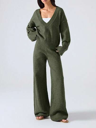 LYSMO 女士休闲针织毛衣和裤子两件套，秋冬