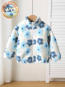 SHEIN Babygirl Floral Pattern Stand Collar Jacket, Versatile For Autumn/Winter Fall - Blue - View 9