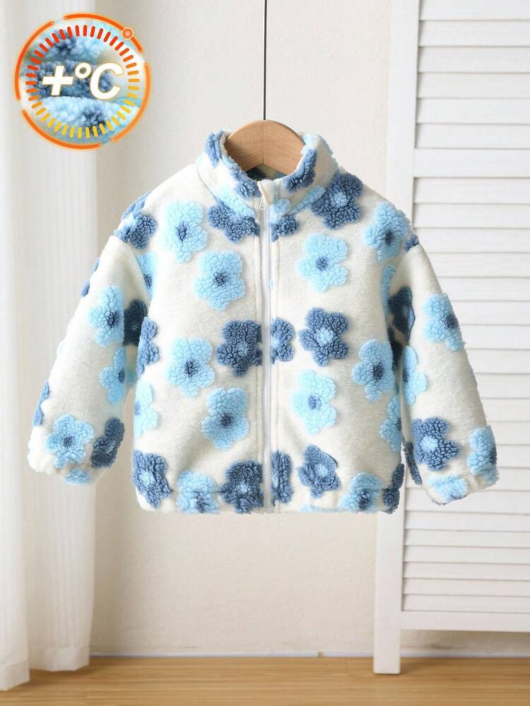 SHEIN Chaqueta con cuello alto con estampado floral para bebé niña, versátil para otoño/invierno - Azul - Añade 9