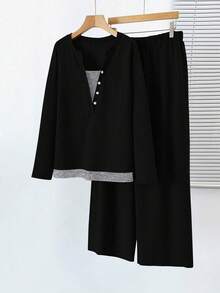 SHEIN LUNE 大码花卉撞色二合一T恤和裤子休闲套装 - 彩色 - 查看 7