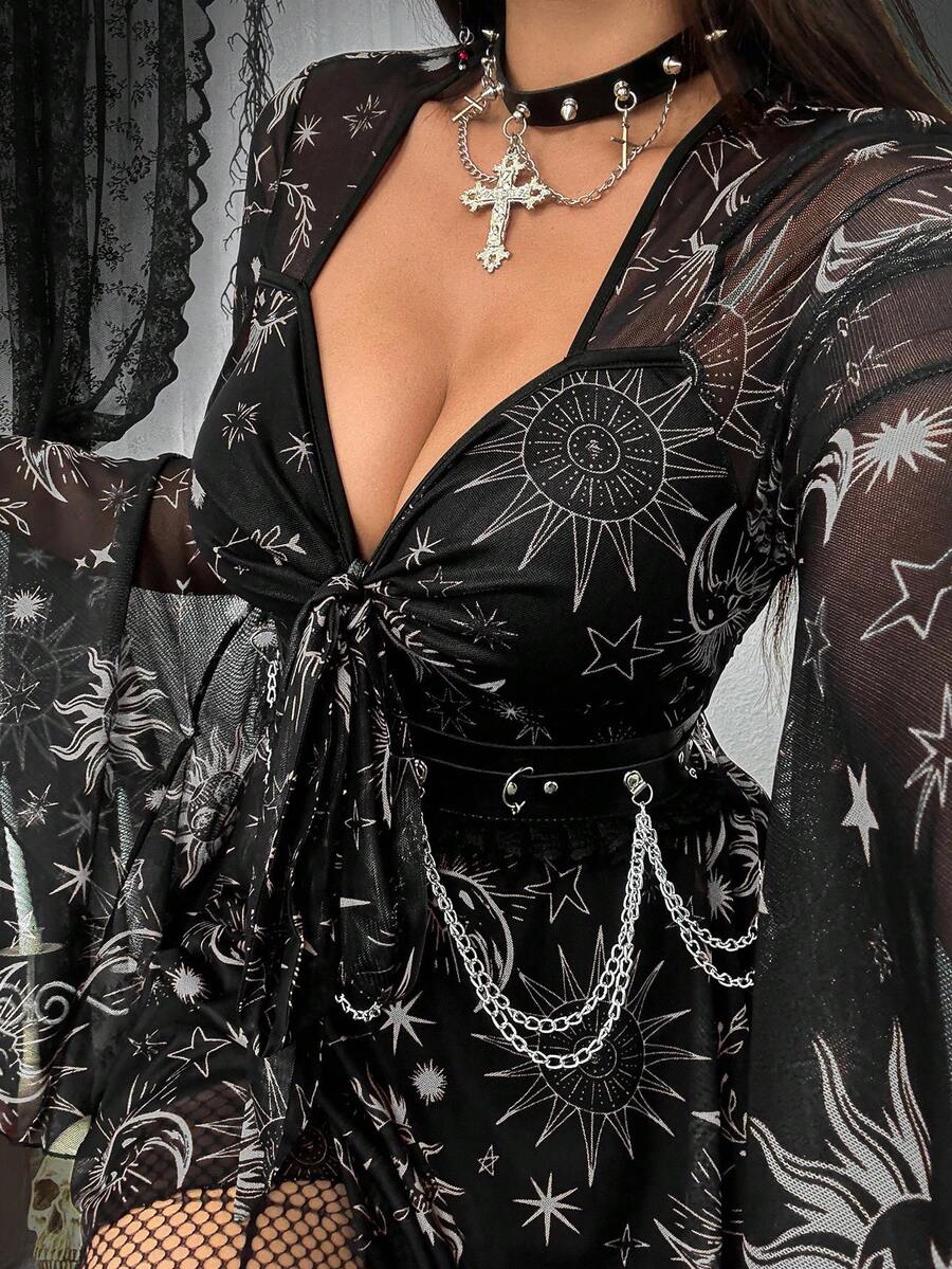 SHEIN Whyspr Plus Size Autumn/Winter Punk Dark Elegant Exaggerated Niche Star & Moon Mesh A-Line Knee-Length Dress For Women