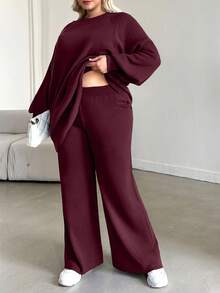 EURMUSE Plus Size Solid Color Long Sleeve Sweatshirt Set With Hoodie & Pants - Burgundy - View 3