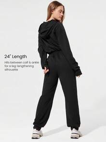 GLOWMODE 24" Everyday Terry Elastic Waist Butt-Lifting Zip-Up Hoodie Jumpsuit Bodysuit With Side Pockets Daily Casual Wear - Black - View 3