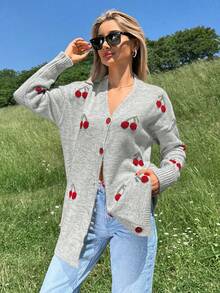 EURMUSE Women's Casual Cherry Pattern Loose V-Neck Button Front Cardigan, Suitable For Daily, School, Vacation, Autumn - Light Grey - View 3