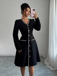 Rafferiza Váy midi chữ A cổ chữ V tay dài thắt eo viền tương phản cho nữ, thu/đông - màu đen - Xem 4