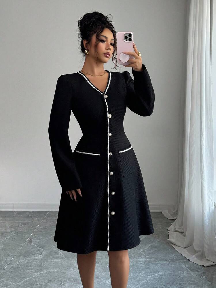 Rafferiza Women's V-Neck Long Sleeve Waist Cinched Contrast Trim Cinched Waist A-Line Midi Dress, Autumn/Winter - Black - View 4