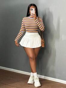 Slaydiva Áo thun dài tay cổ lọ kẻ sọc nhiều màu bó sát - Nhiều màu - Xem 4