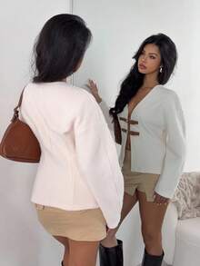 SHEIN EZwear Women's Autumn/Winter V-Neck Cinched Waist Leather Buckle Decor Flared Sleeve Wool Blend Coat,For Going Out Outfits