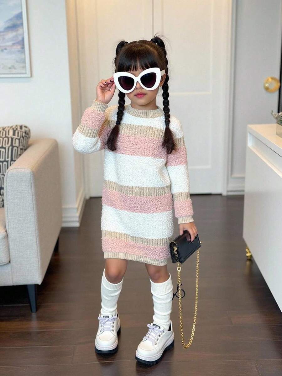 SHEIN 女童时尚加厚针织长袖毛衣连衣裙 女童毛衣连衣裙 女童条纹毛衣连衣裙 女童粉白毛衣连衣裙 女童冬季连衣裙 小女孩毛衣连衣裙 - 粉色 - 查看 1