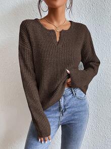 SHEIN Frenchy 女士缺口领落肩领毛衣秋冬装 - 咖啡棕 - 查看 4