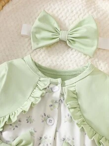SHEIN 新生女婴粉色长袖拼布花卉蝴蝶结连衣裙，搭配优雅甜美可爱头饰，适合秋季日常户外休闲活动 - 綠色 - 查看 7