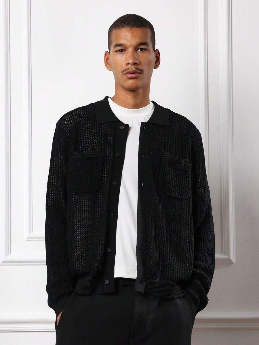 SUMWON 常规款男士纽扣针织开衫长袖翻领毛衣秋冬轻薄叠穿经典商务休闲办公服纯色 - 黑色 - 查看 1