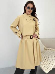 Firerie Women's Casual Commute Daily Fashion New Modern Urban Asymmetric Cinched Waist Waist A-Line Long Sleeve Khaki Mid-Length Trench Coat Fall Winter Clothes For Women Women's Winter Coat Women's Winter Jacket Fall Outfits For Women