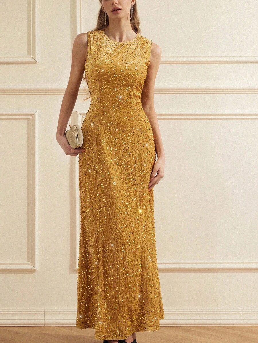 Chiquease 优雅无袖亮片天鹅绒连衣裙，修身腰身，高端别致风格 - 黃色 - 查看 1