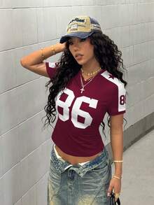 StreetHx Women's Navy Blue Numeric Print Streetwear Short Sleeve T-Shirt, Spring/Summer