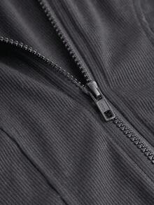 SHEIN Teen Girl Y2K Zip-Up Solid Dark Gray Thumb Hole Ribbed Slim Fit Stand Collar Jacket Long Sleeve Jacket Gray Jacket Full Zip Jacket Grey Jacket Ribbed Jacket