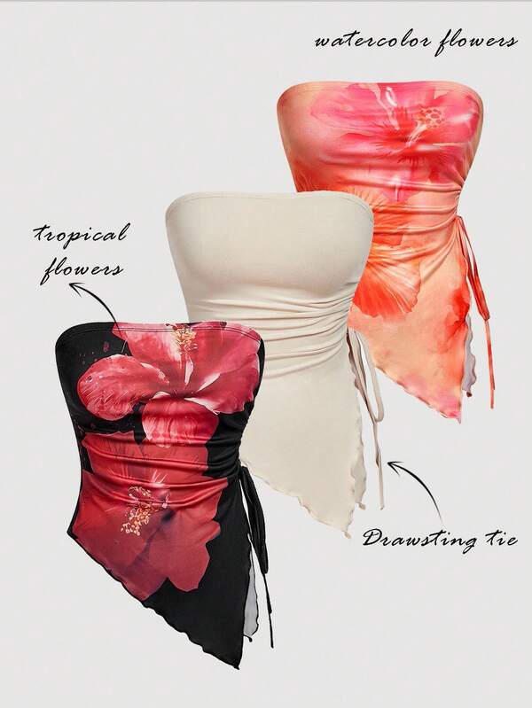 SHEIN MOD 3pcs/Set Vintage Print Cropped Camisole Top With Side Tie Waist, Autumn Casual Wear,Vacation,Party,Tea Party,Vintage Top,Tea Party,Going Out,Fall,Elegant,Old Money,Festival,Office,Work,Back To School, Tube Tops Women, Flower Tube Top