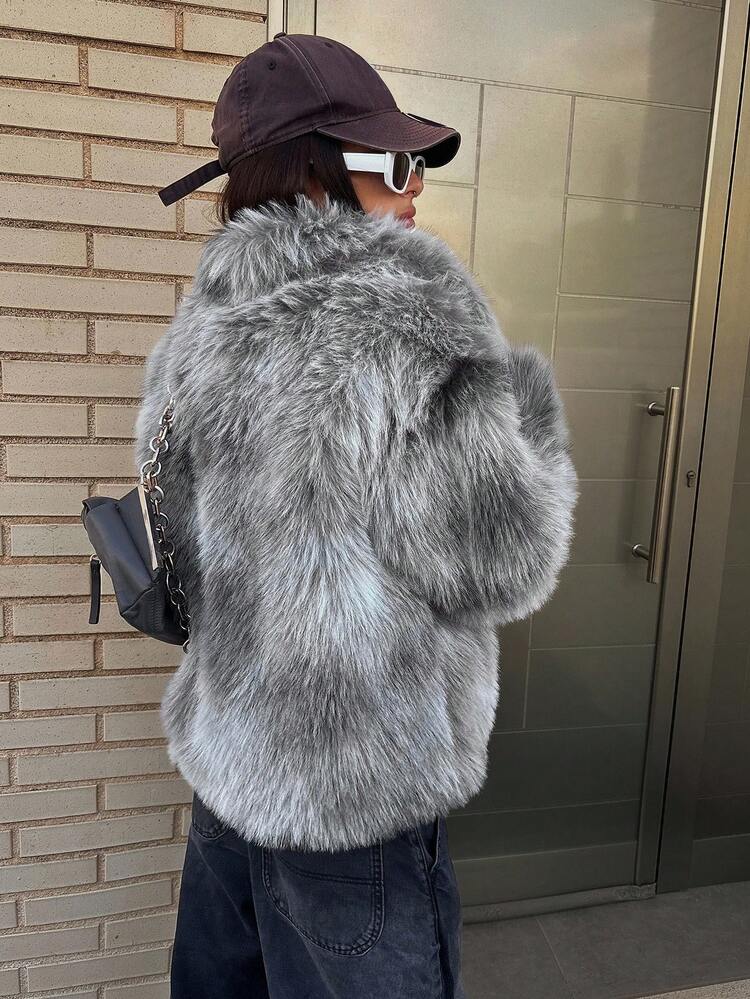 Women's Ombre Loose Fit Long Sleeve Lapel Elegant Street Style Fluffy Jacket, Autumn/Winter Women Coats