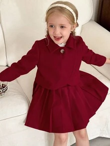 LMoss Kids LMoss 2件套少女纯色不对称下摆休闲外套和百褶裙套装，女童裙装，红色裙子，圣诞节，舒适秋冬款式，温暖秋冬风格，冬季服装 - 紅色 - 查看 3