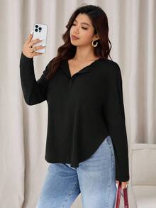 Auralis Plus-Size Women's Casual Top, Autumn Women's T-Shirt, Casual Women's Clothing, Black Top Fall - Black - View 4