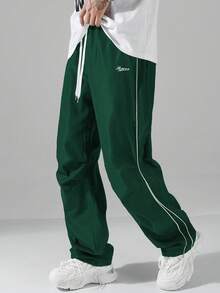 Manfinity Hypemode 男士字母图案抽绳腰褶口袋休闲裤，街头潮流宽松裤，美式复古速干伞兵工作裤，男士夏季Cleanfit宽松直筒休闲裤，秋季 - 綠色 - 查看 4