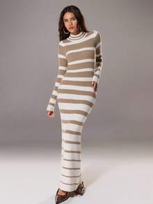 SHEIN Unity Casual All-Match Color Block Striped Long Sweater Dress Fall Winter Cloth For Women - Multicolor - View 5