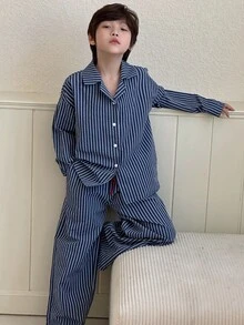 DAZY Tween Boy 条纹印花落肩宽松长袖上衣和裤子睡衣套装，春秋季 - 藍色 - 查看 5