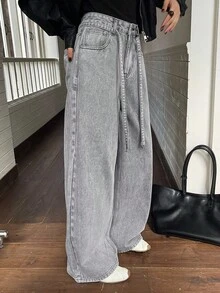 Livesso Women's Vintage Washed Loose Casual Street Outdoor Design Drawstring Waist Straight Leg Jeans, Suitable For Autumn & Spring - Grey - View 3