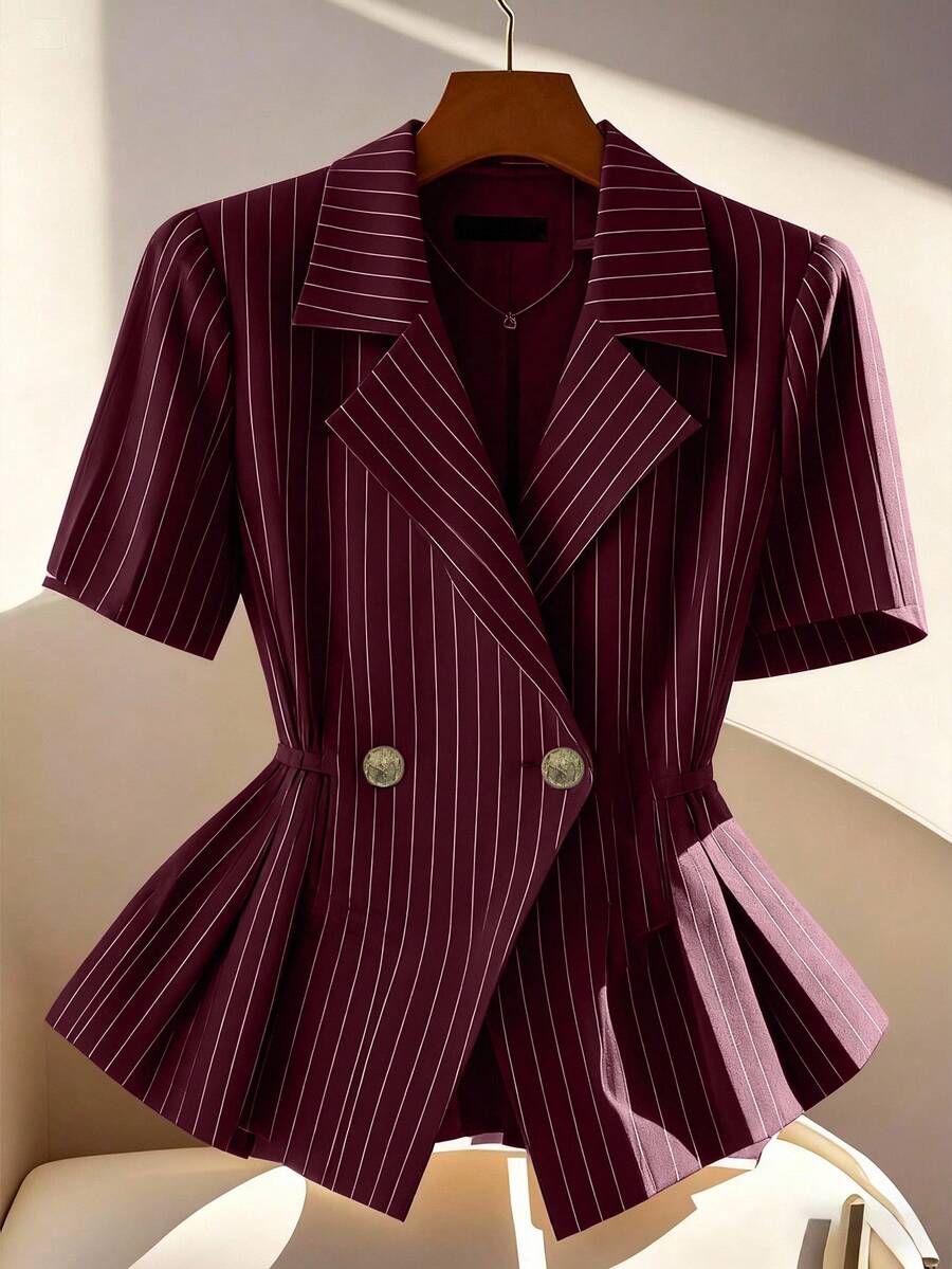 Franclia Women's Lapel Neck Short Sleeve Fashionable Striped Pleated Shirt - Burgundy - View 1