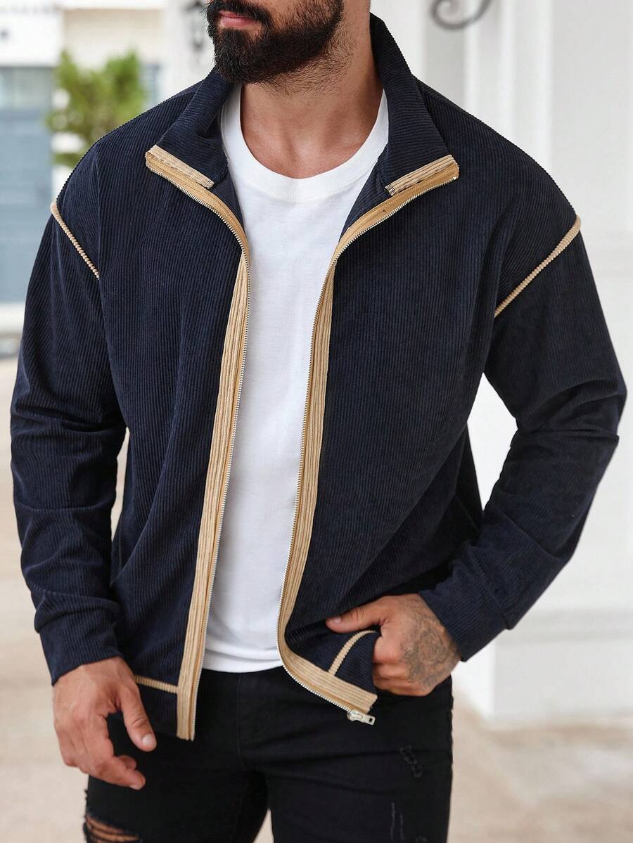 Manfinity Homme 男士休闲撞色饰边运动衫，秋季 - 藍色 - 查看 1