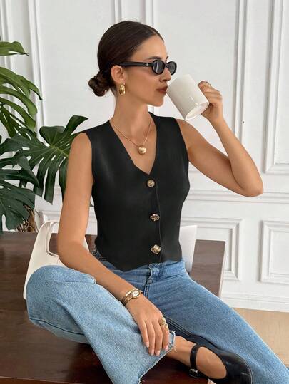 Serisse Chaleco de punto con botones de unicolor para uso casual y de viaje