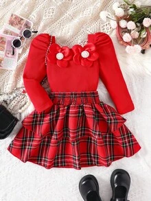 SHEIN 2pcs/Set Young Girls Autumn New Outfit,Off Shoulder Puff Sleeve Top With 3D Floral Decor,Red Plaid Skirt,Elegant Vintage Birthday Party Suit,Christmas - Red - View 4