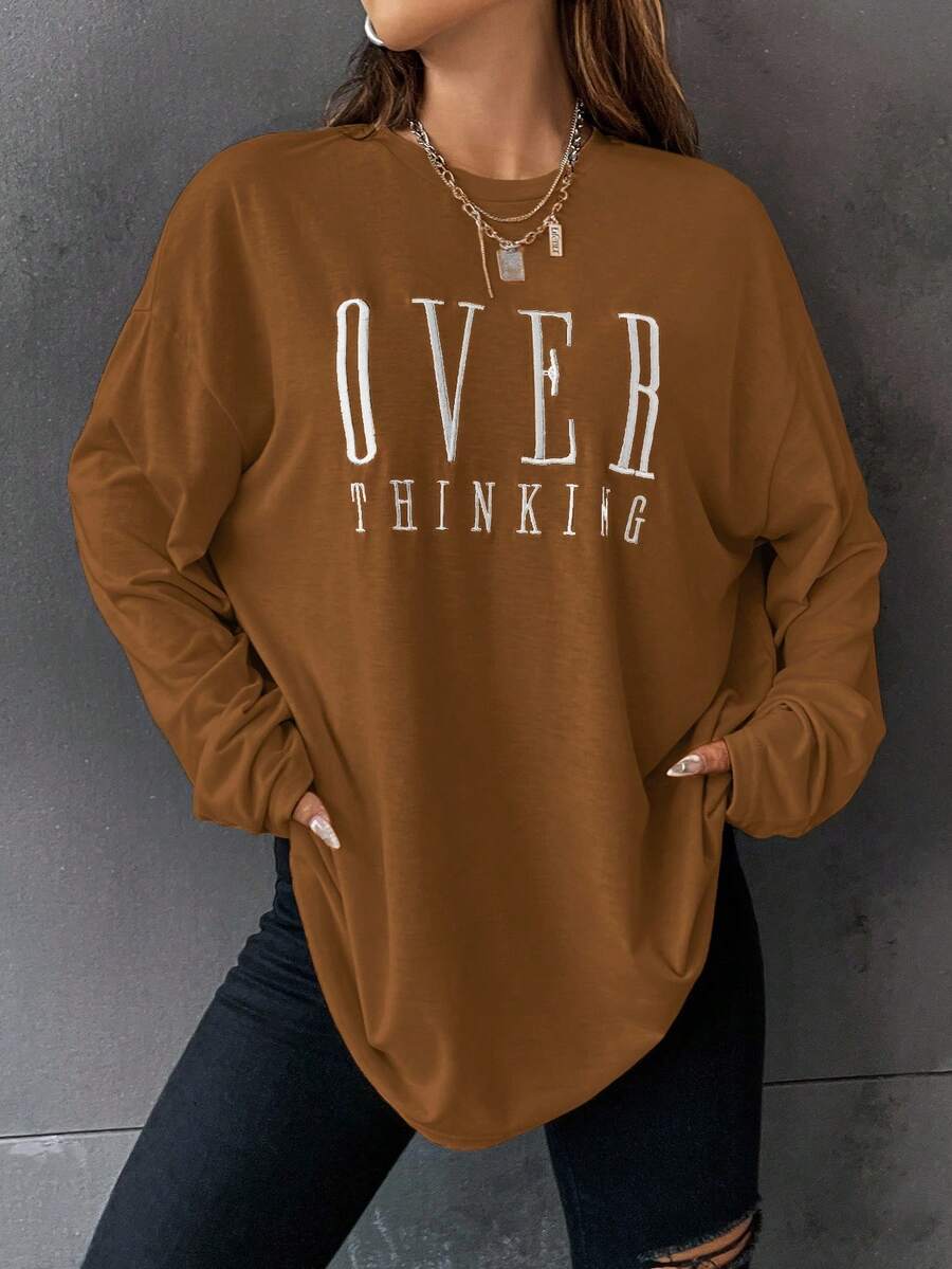 SHEIN Unity 字母刺绣落肩T恤 图案T恤 女式上衣 - 咖啡棕 - 查看 1