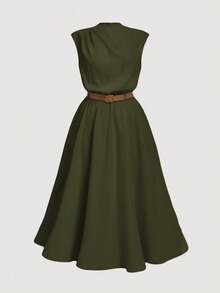 SHEIN MOD Plus Size Women Solid Color Sleeveless Dress, Elegant Office Dress (With Belt) Dress Green Vintage Clothes Olive Dress Elegant Summer Outfits Dress Casual Christmas Outfit - Army Green - View 5