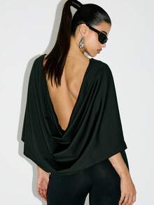 KIZN Elegant Backless Cape Top Draped Evening Party Cocktail Blouse Fall Winter Holiday Outfit Sophisticated Statement Piece