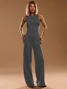 SHEIN BAE Elegante tuta nera ampia senza maniche, adatta per uso quotidiano, appuntamenti, uscite, feste, raduni, pezzo versatile per stratificazione da donna, tuta asimmetrica, tuta a gamba larga, tuta per San Valentino, tuta da tutti i giorni, tuta elegante