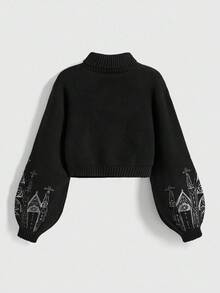 ROMWE Goth 哥特式宫殿刺绣高领毛衣 - 黑色 - 查看 2