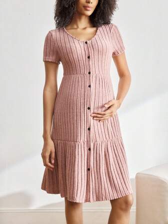 BloomMama 时尚孕妇和哺乳纯色圆领前扣短袖连衣裙睡衣