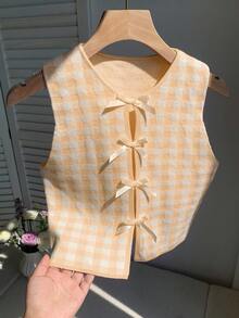 Comfortcana Women's Autumn Checkered Sleeveless Casual Knit Top With Bow Decor