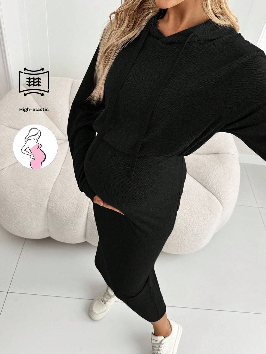 SHEIN Robe de maternité unie à manches longues, épaules dénudées, à capuche avec cordon de serrage, ajustée et décontractée, pour l'automne - Noir - Voir 1